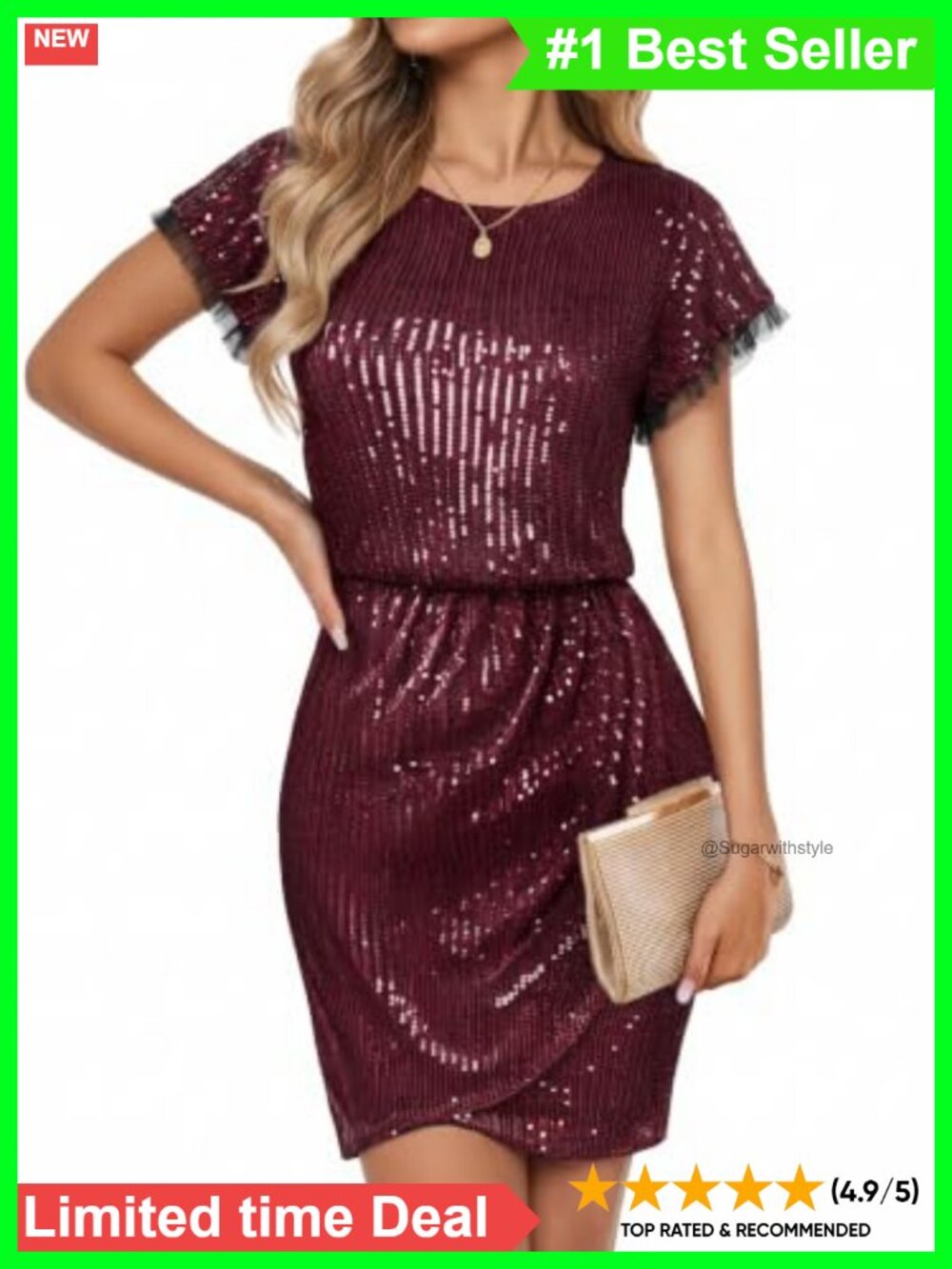 Sparkly Sequin Midi Dress Cap Sleeve Cocktail Party Bodycon